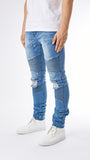 Ripped Stone Wash Biker Denim - Light Blue