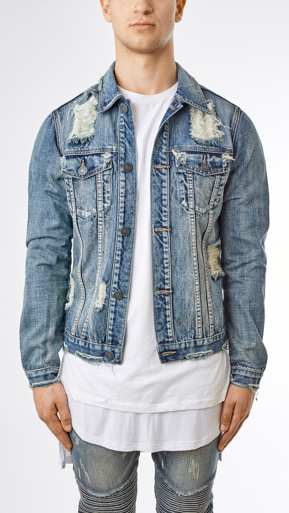 Distressed Stone Wash Denim Jacket - Mid Blue