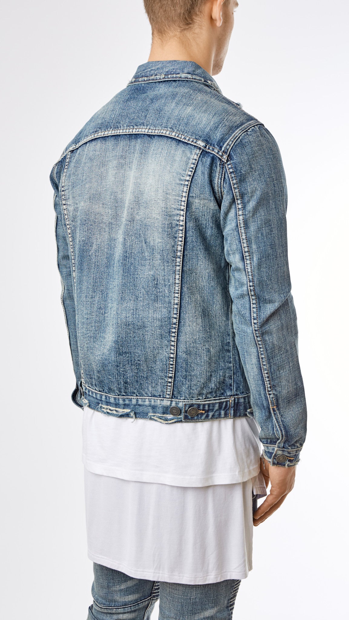 Distressed Stone Wash Denim Jacket Mid Blue LILBETTER