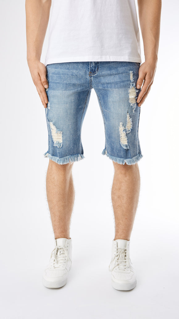 Distressed Stone Wash Denim Shorts - Blue