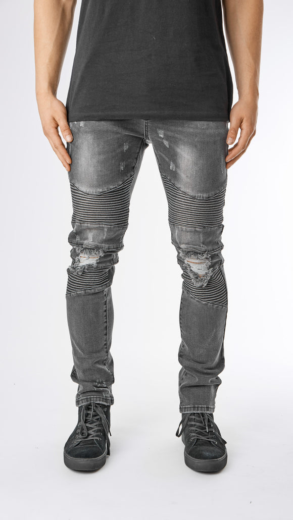 Ripped Stone Wash Biker Denim - Black